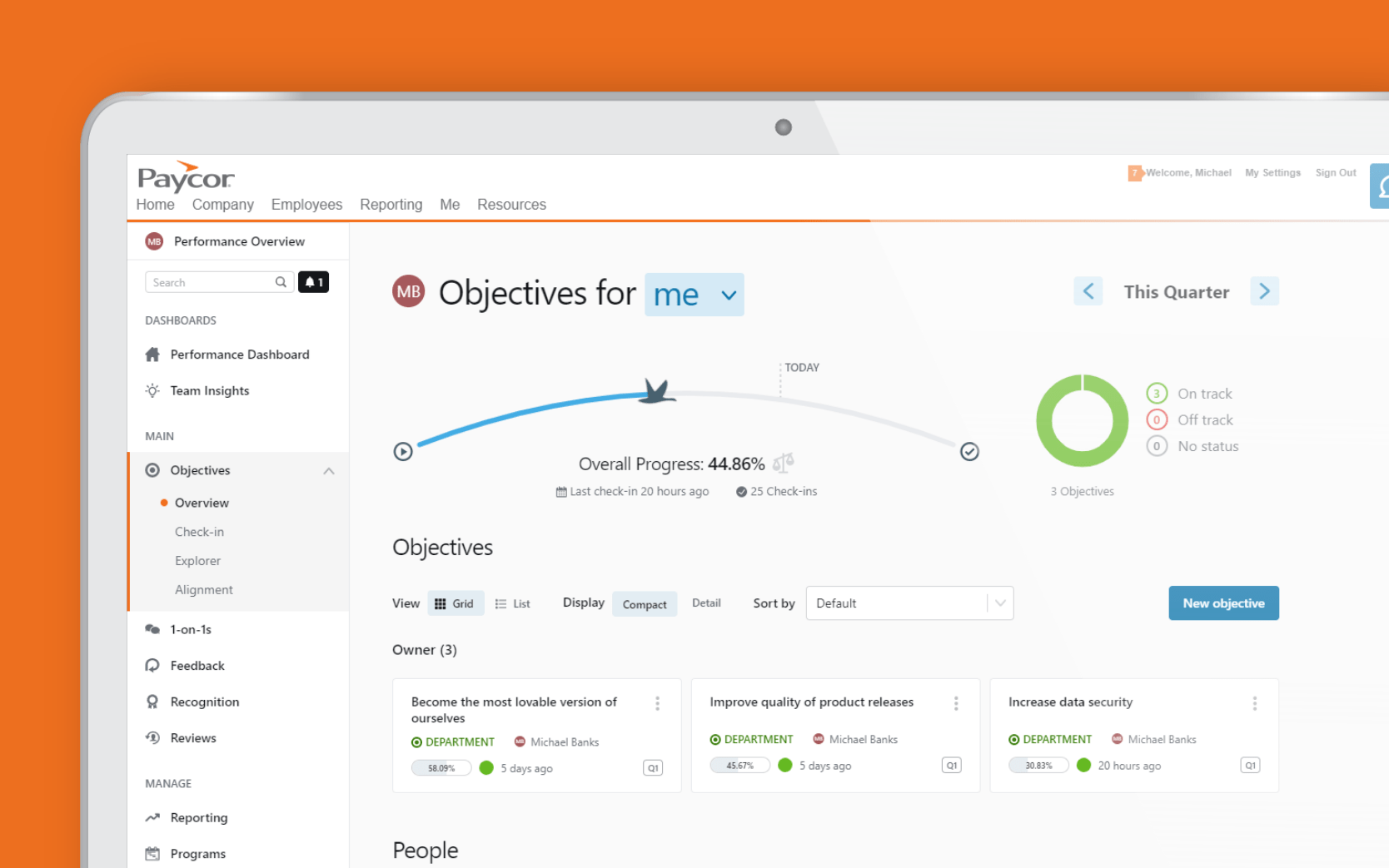 Paycor corner screenshot dashboard with orange background