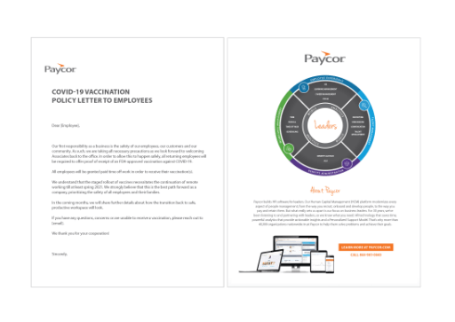 Paycors screenshot of front template of mandatory COVID 19 employee vaccination policy template