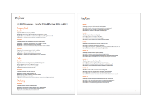 Paycor screenshot of 45 examples of Great OKRs inside cover