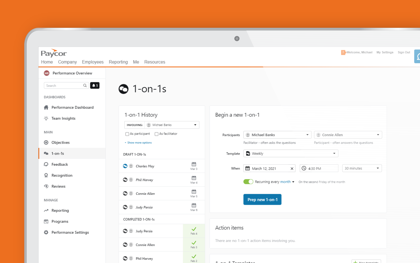 Paycor corner screenshot talent 1 on 1 with orange background