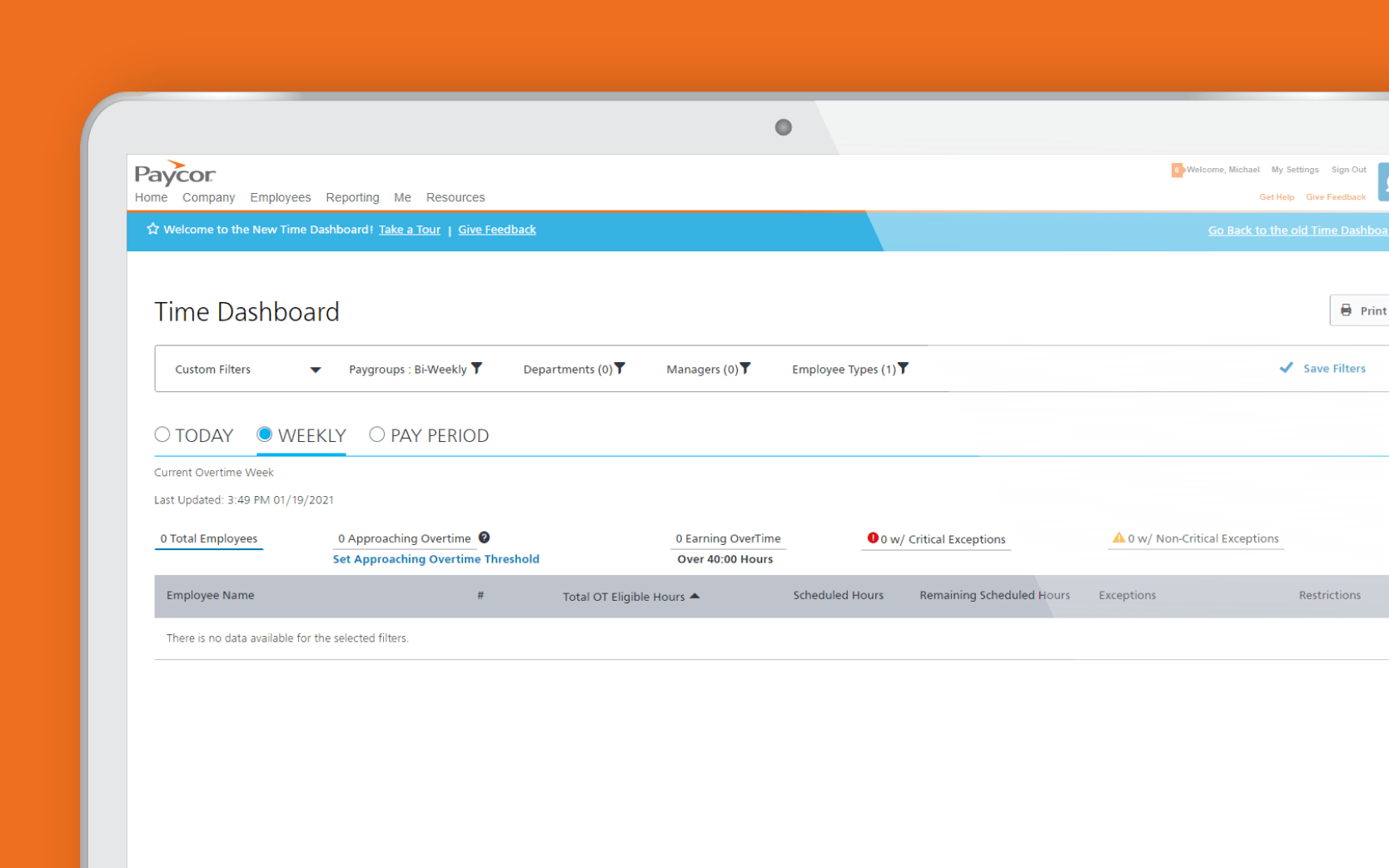 Paycor corner screenshot time dashboard with orange background