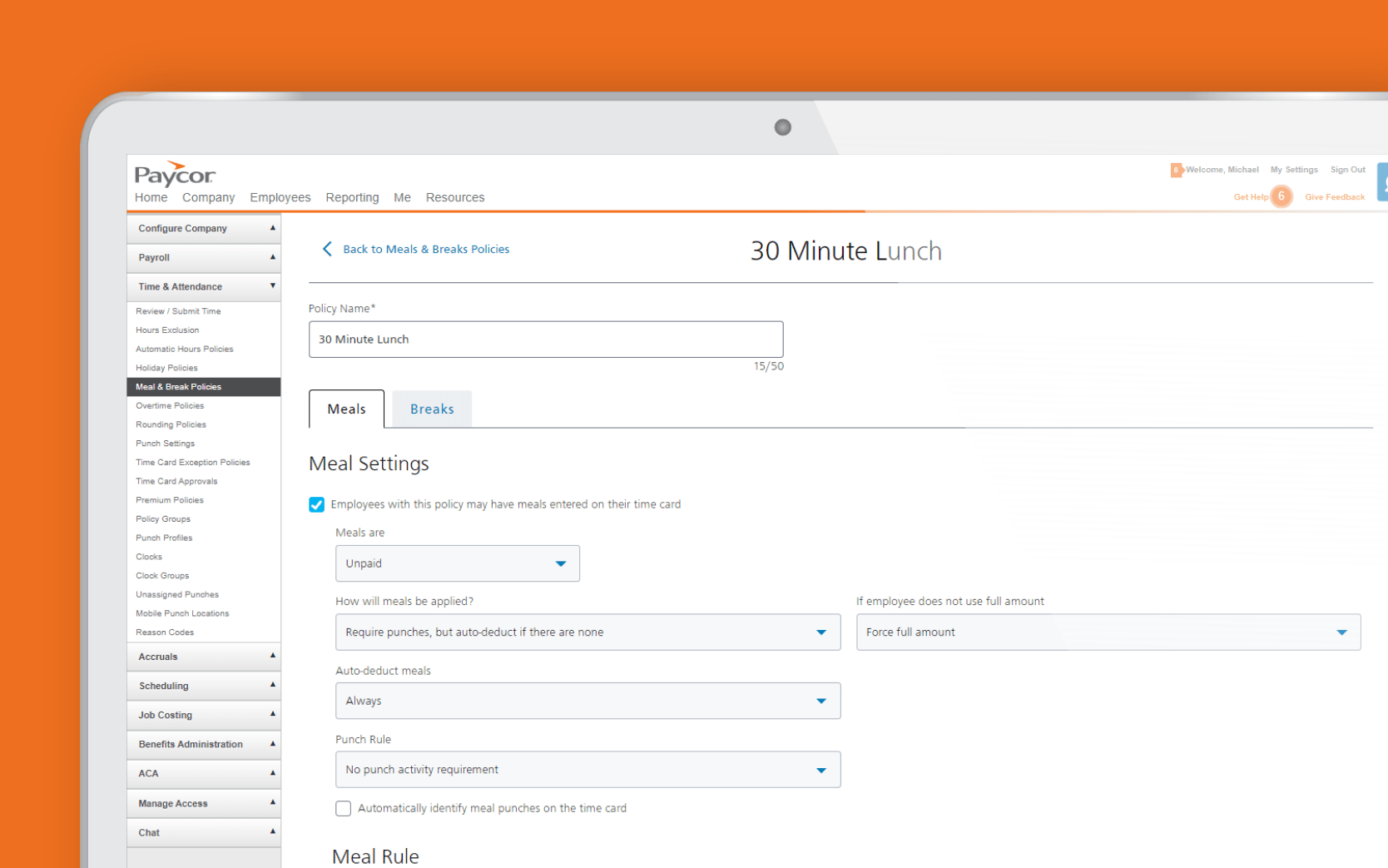 Paycor corner screenshot time meal break with orange background