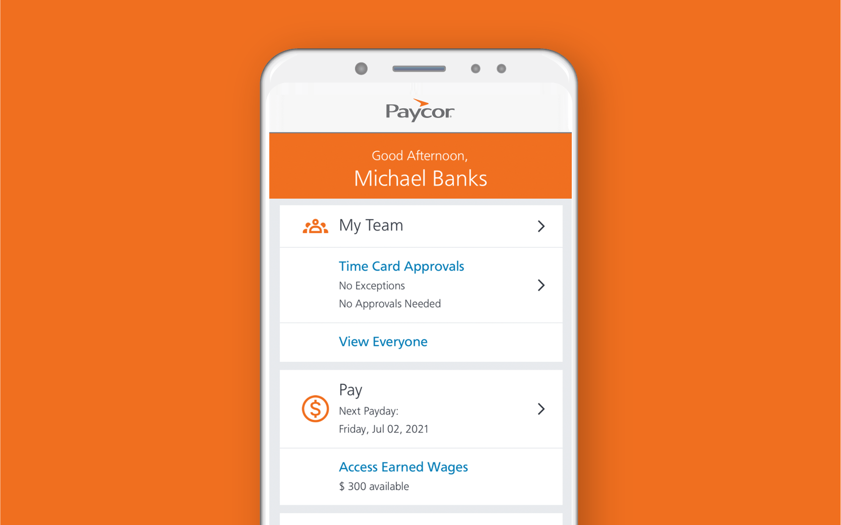 paycor mobile screenshot on orange background
