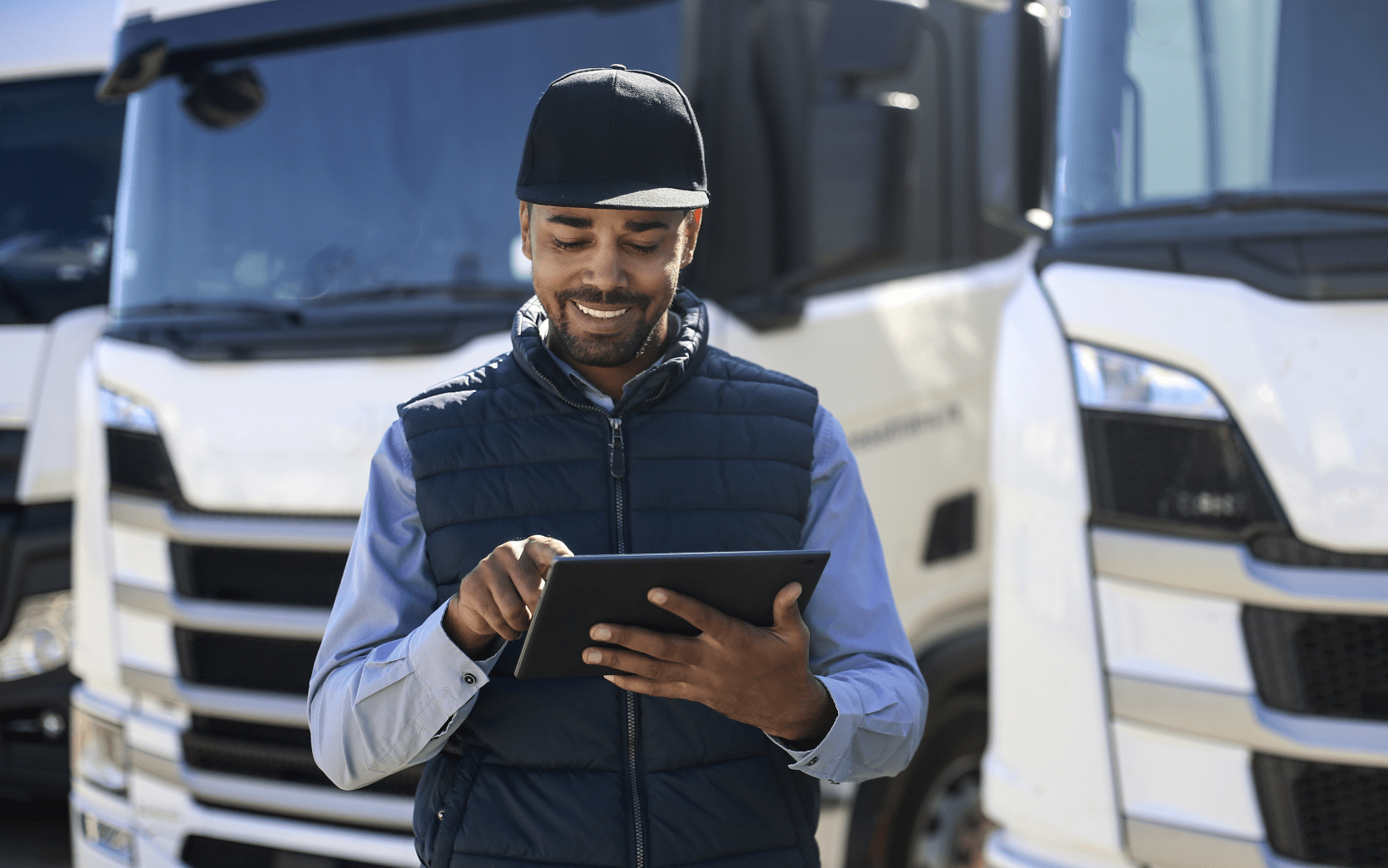 man using tablet standing in lot of trucks