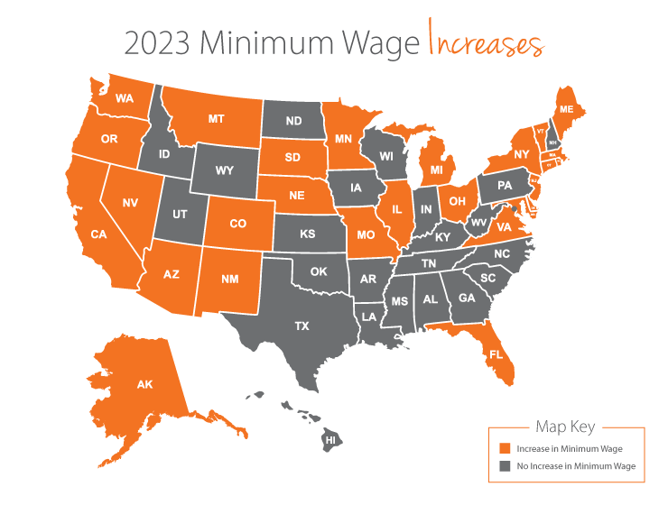 U.S. map of all states highlighted who will have increases to the state's minimum wage in 2023