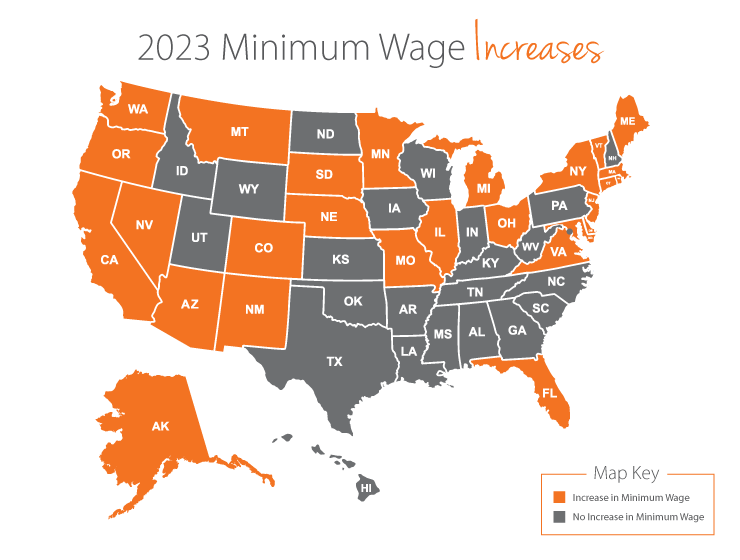 U.S. map of all states highlighted who will have increases to the state