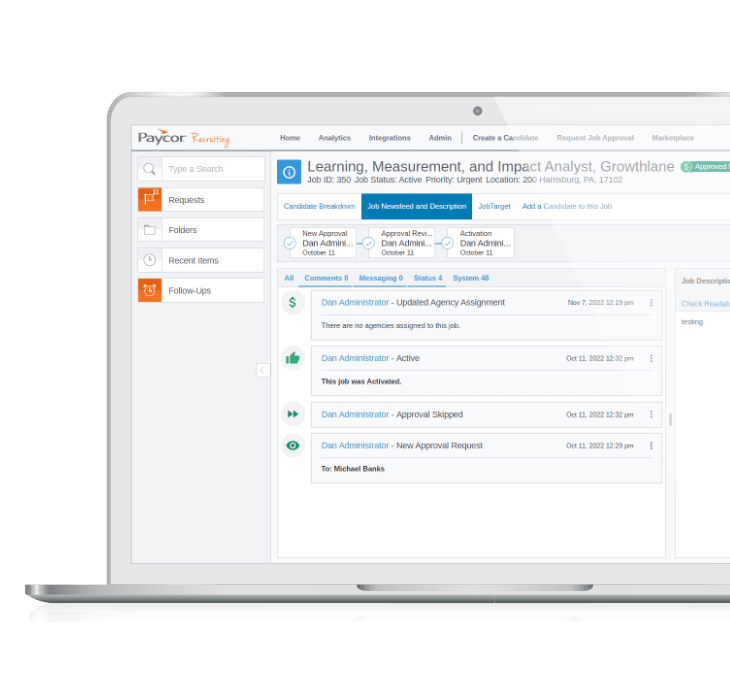 Paycor's recruitment interface on laptop screen