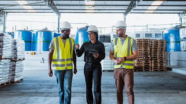 three workers in warehouse walking together