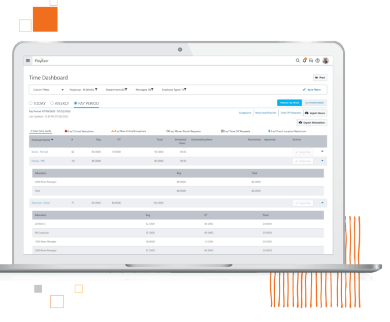 paycor employee time track dashboard screenshot