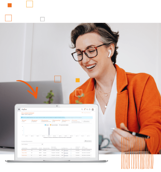 Paycor ACA Reporting product example and smiling woman in office