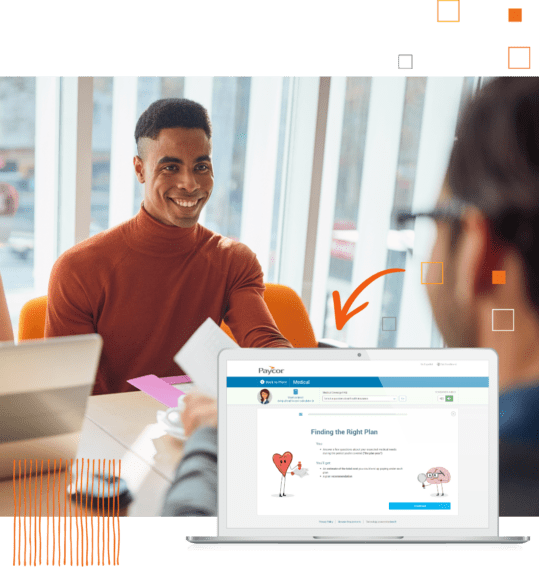 Paycor Benefits Advisor product example and smiling man in office