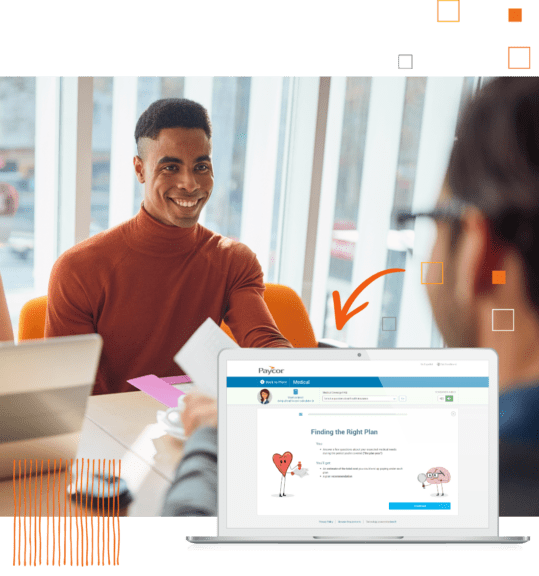 Paycor Benefits Advisor product example and smiling man in office