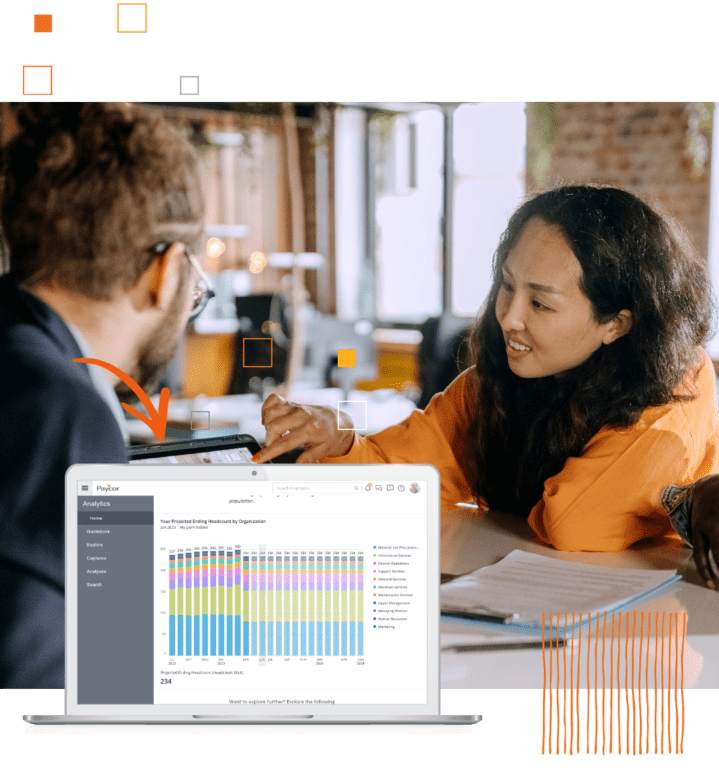 Paycor Analytics product example and two people looking at laptop