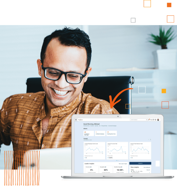 Paycor HR software product example and smiling man