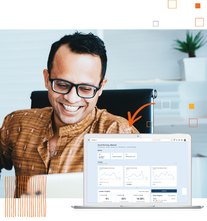 Paycor HR software product example and smiling man