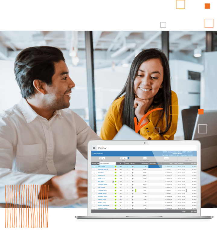 Paycor Payroll Software example and two workers smiling in office