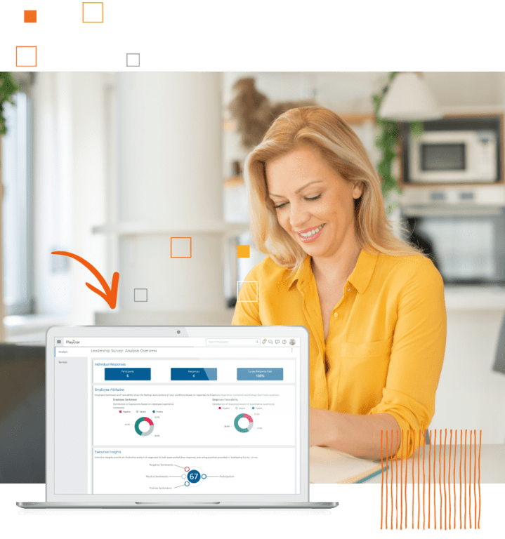 Paycor's Pulse Surveys product example and smiling woman in office