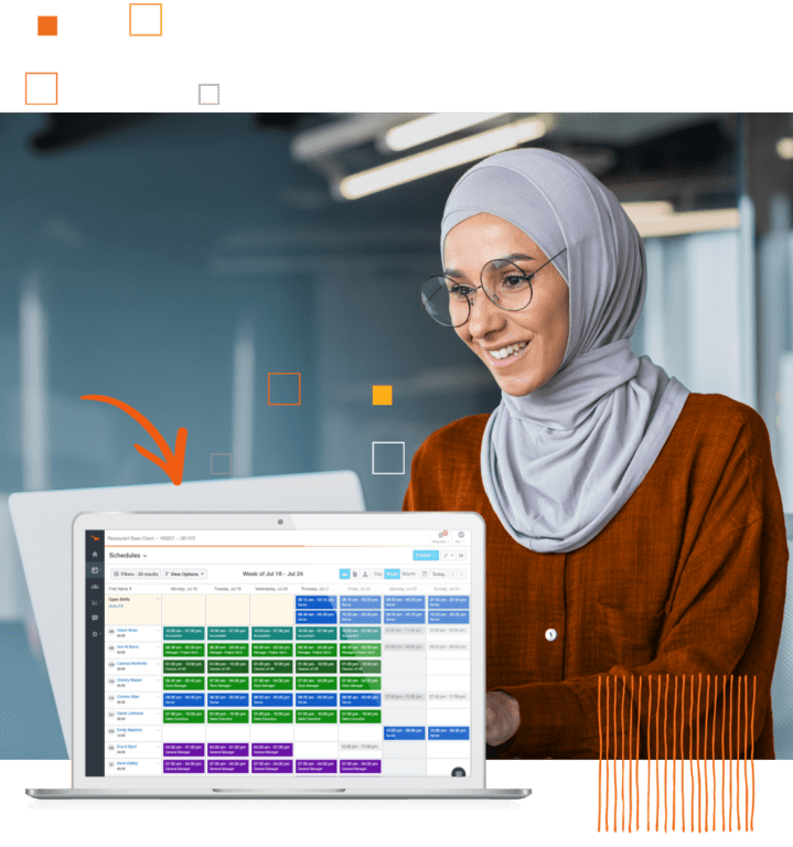 Paycor Scheduling Software product example and woman smiling