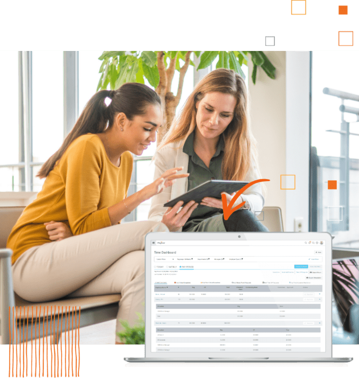 Paycor Time & Attendance product example and two women in office using tablet