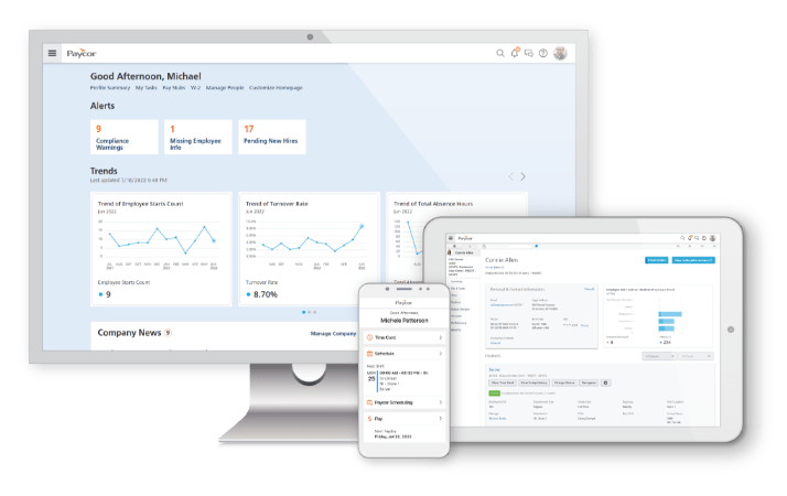 paycor products across computer, tablet and phone