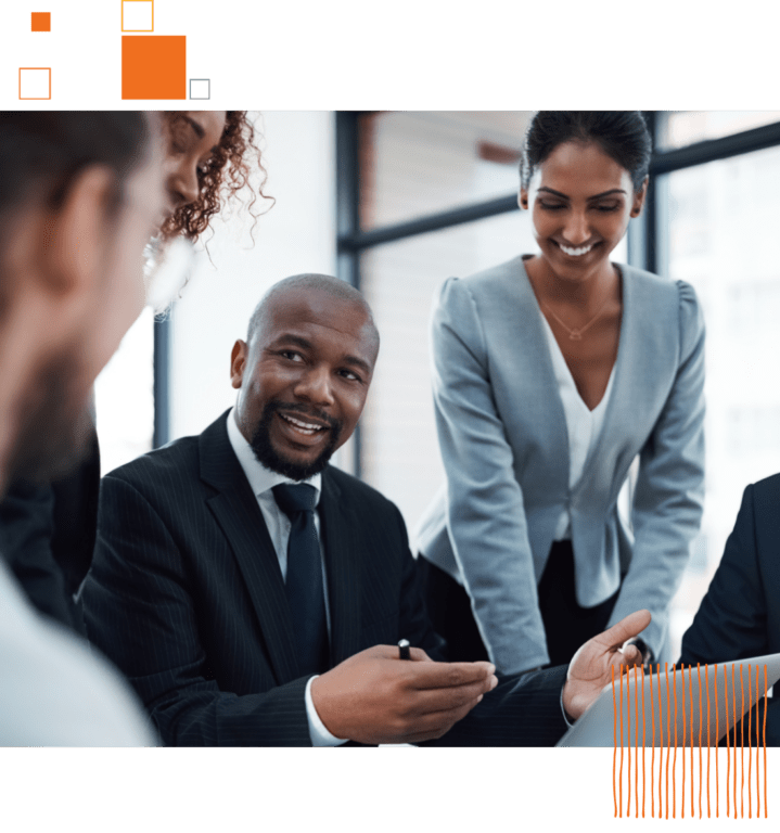 workers in business clothes smiling
