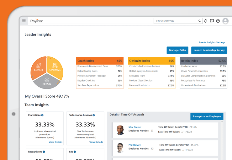 paycor paths dashboard screenshot of leader insights