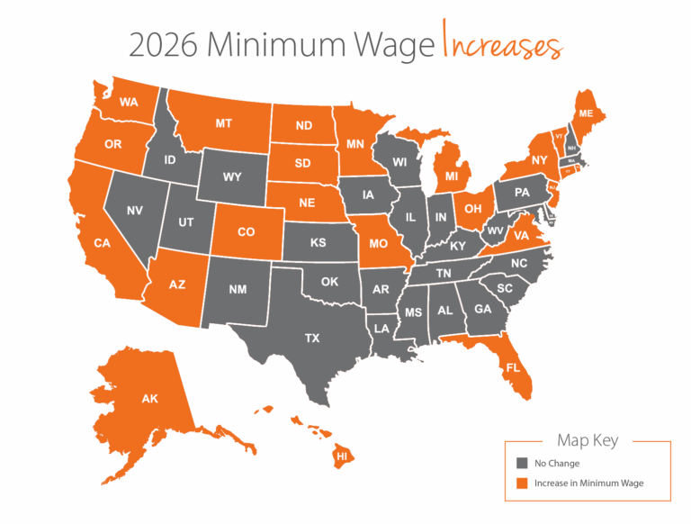 Map of the U.S. showing states increasing the minimum wage.