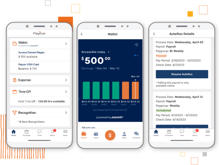 three phones side by side of Paycor payroll product features