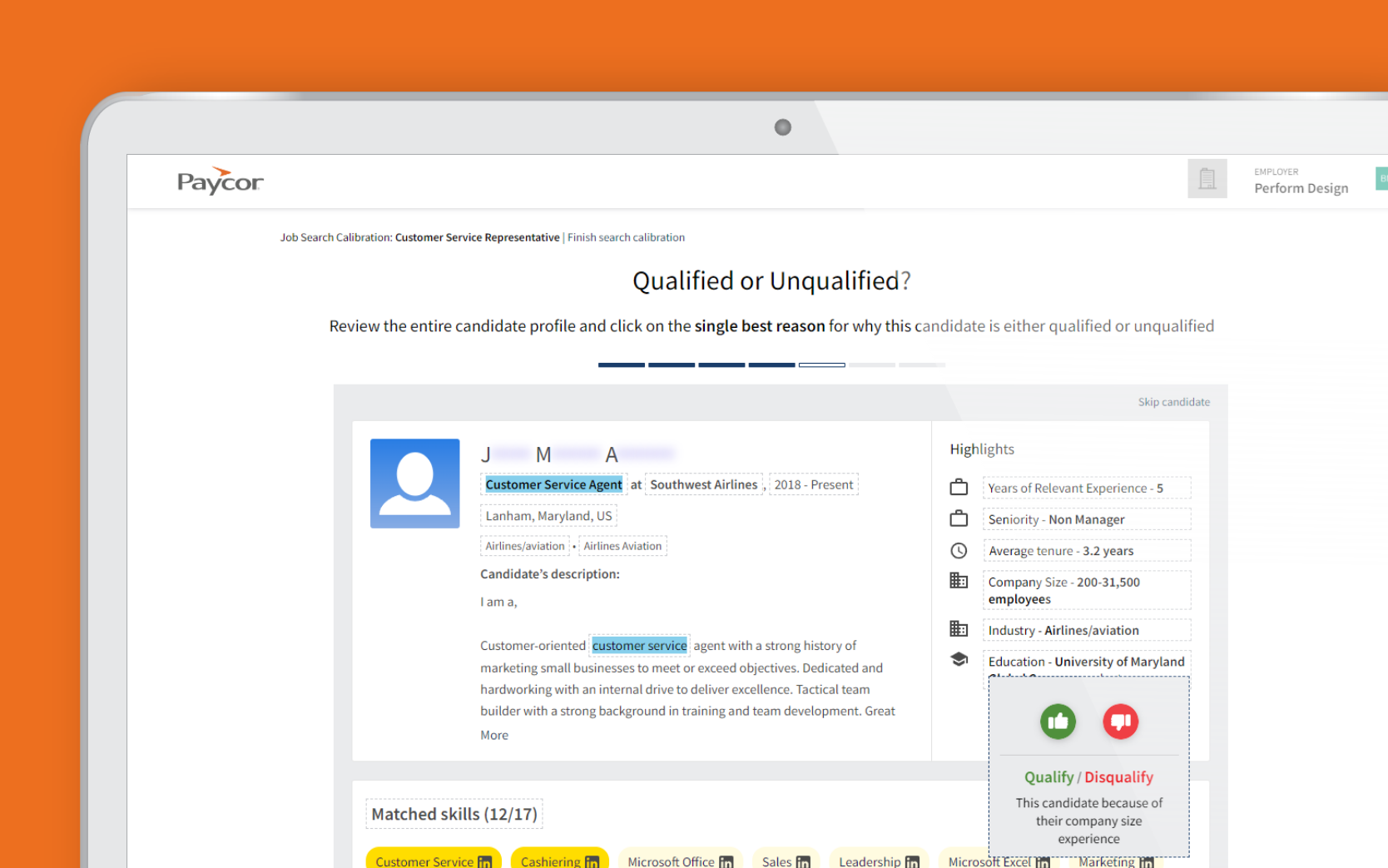 screenshot of Paycor's smart sourcing candidate profile