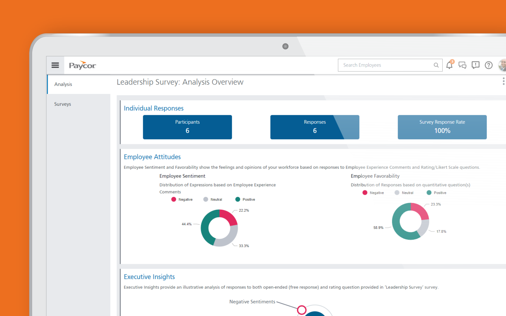 screenshot of Paycor's pulse surveys overview analysis