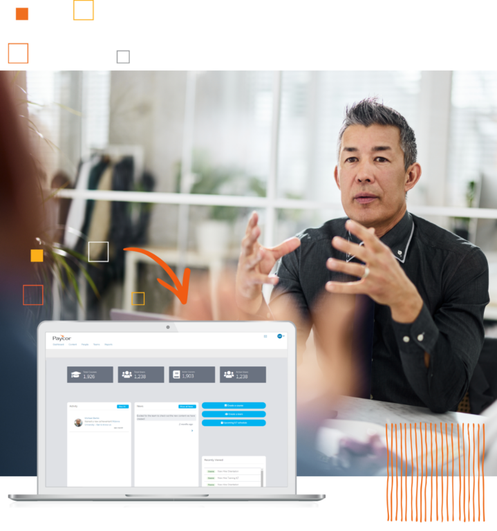 Paycor's Learning Management product example and man in office