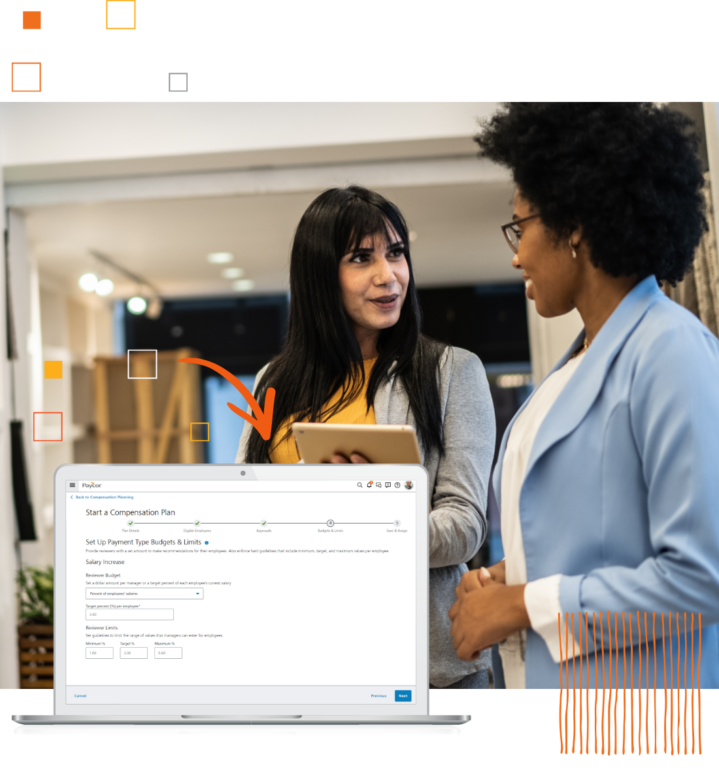 Paycor's Compensation Planning product example and two smiling women in office