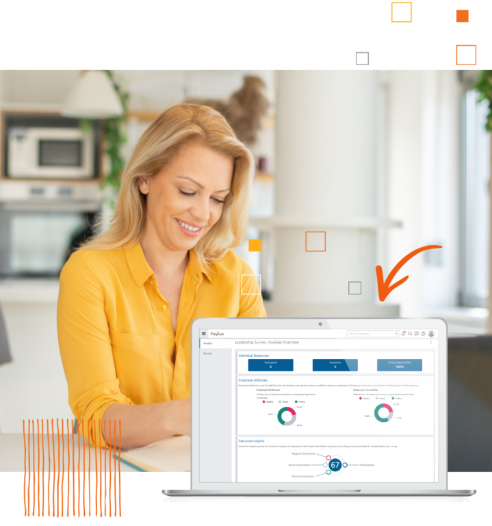 Paycor's Pulse Surveys product example and smiling woman in office