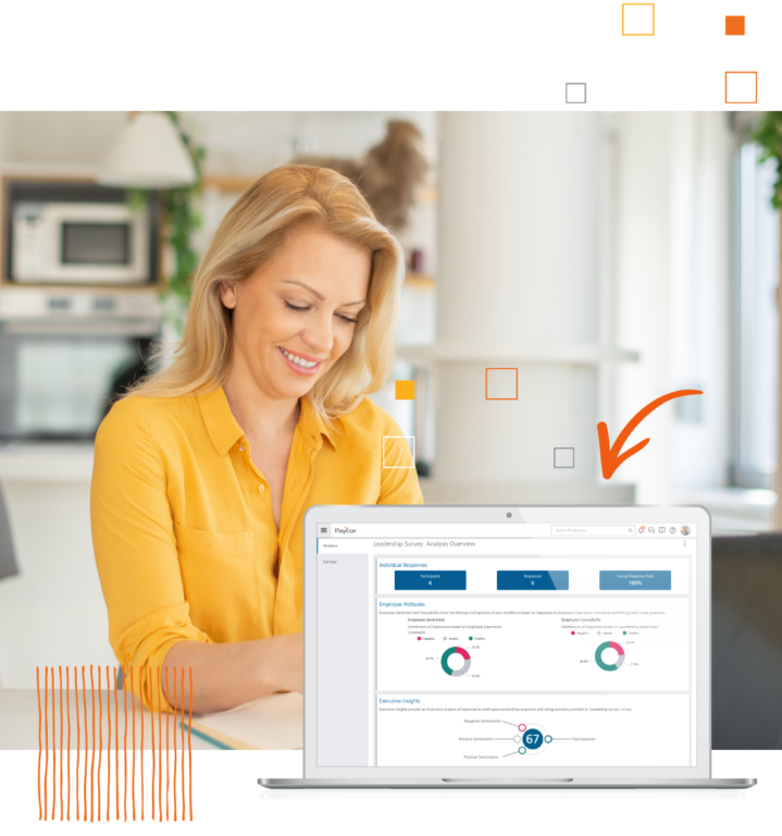 Paycor's Pulse Surveys product example and smiling woman in office