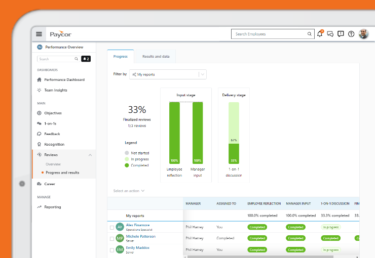 Paycor Talent Development product screenshot of progress