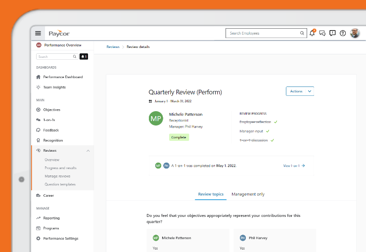 Paycor Talent Development product screenshot of reviews and collaboration notes