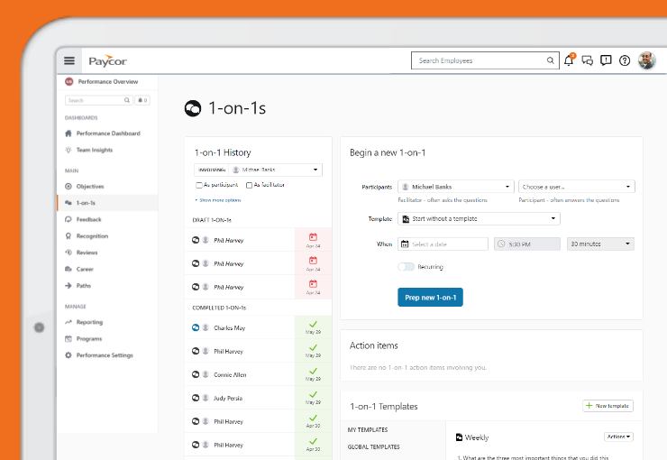 Paycor Talent Development product screenshot of 1 on 1s