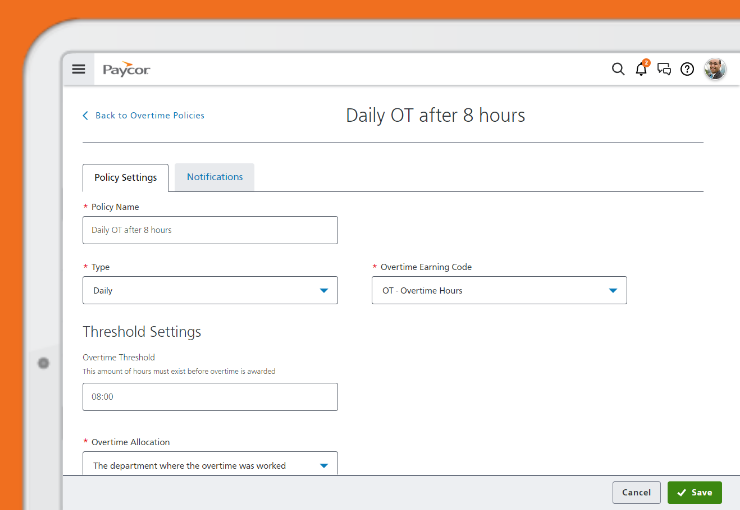 Paycor Time product screenshot of the overtime insights feature