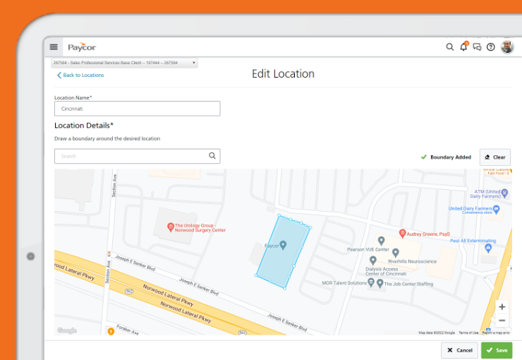 Paycor Time product screenshot of the geovalidation feature