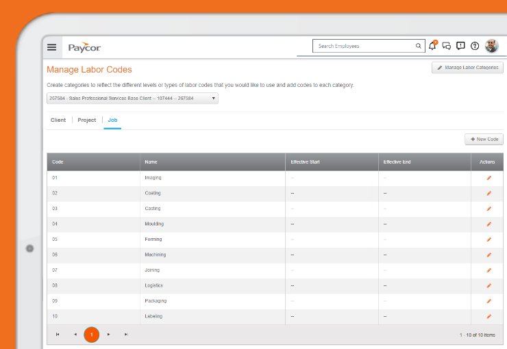 Paycor Time product screenshot of the job costing