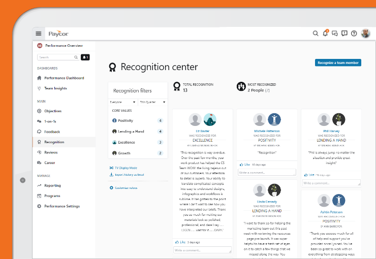 recognition feature in Paycor's talent development product