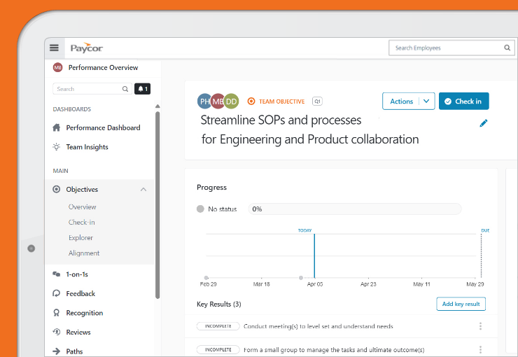 team objectives feature in Paycor's talent development product