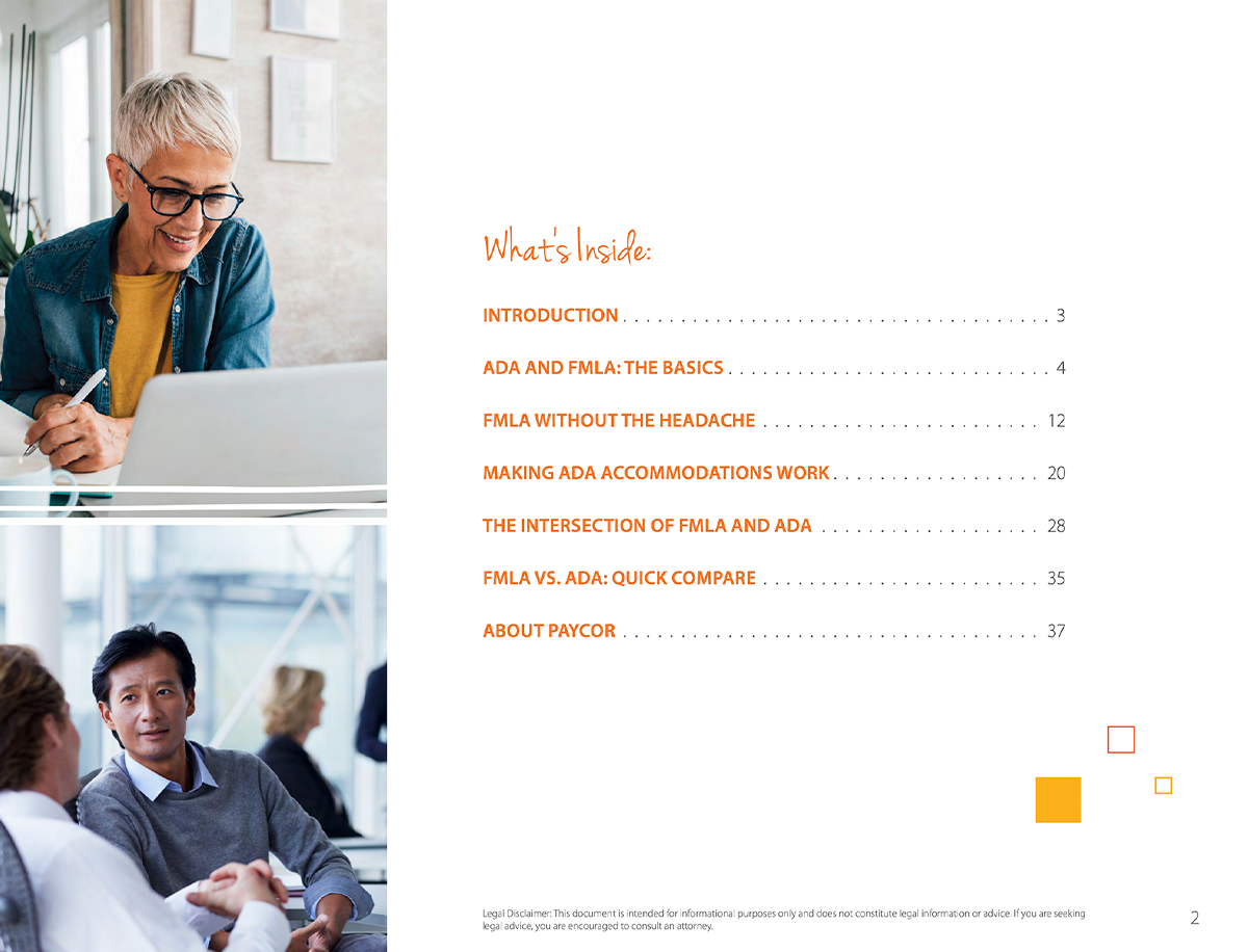 table of contents for the leave laws guide from paycor