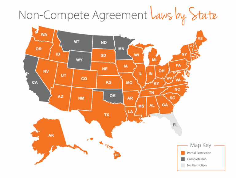 map of the U.S states with laws of non-compete agreement by state