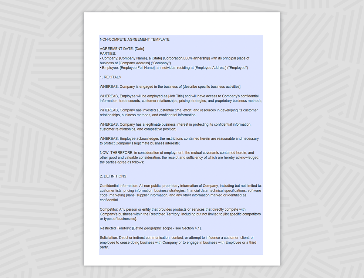 the first page of the non-complete agreement template