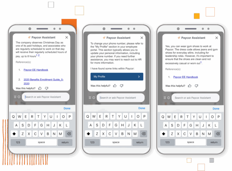 phone screens with responses from the Paycor AI Assistant