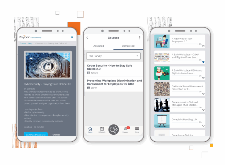 robust Paycor Learning Mangement Software features for any business shown on phone screen