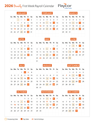 the Paycor 2026 biweekly payroll calendar template