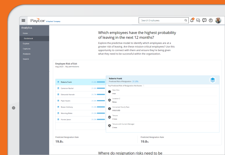 Desktop screenshot of the Predictive Resigntion feature in Paycor's human resource analytics software
