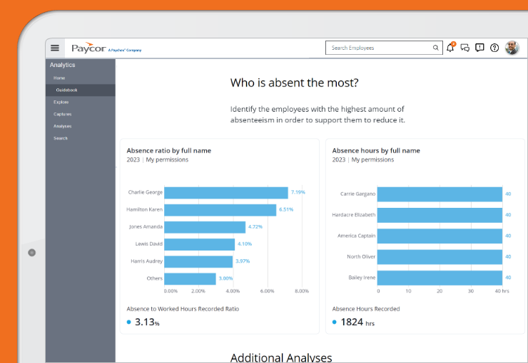 screenshot of a desktop computer with Paycor's HR Analtyics software and leave management feature